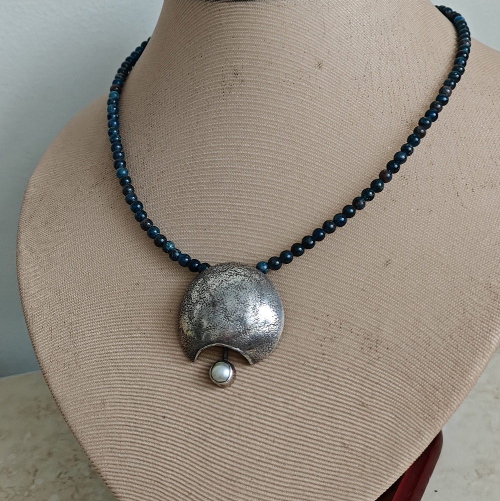 Modernist Sterling Silver and Genuine Apatite Beads Necklace Signed - Picture 9 of 15